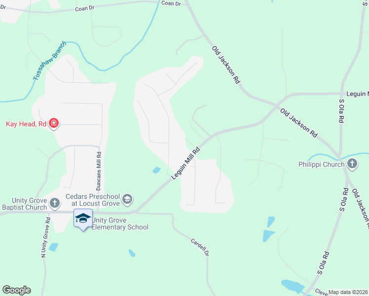 map of restaurants, bars, coffee shops, grocery stores, and more near 1555 Leguin Mill Road in Locust Grove