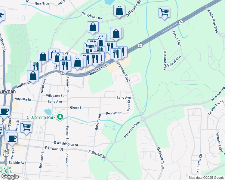 map of restaurants, bars, coffee shops, grocery stores, and more near 80 Chestnut Lane Apartments in Newnan