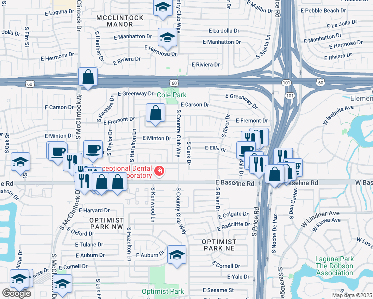 map of restaurants, bars, coffee shops, grocery stores, and more near 4820 South Clark Drive in Tempe