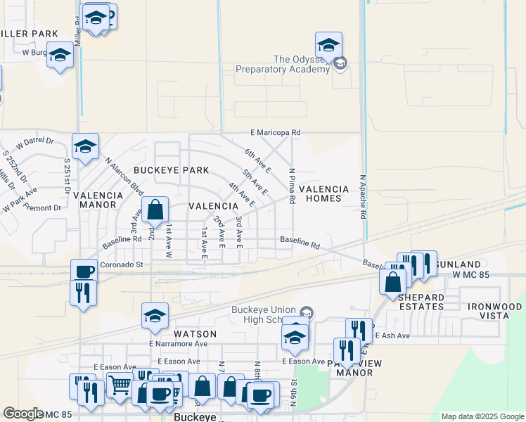map of restaurants, bars, coffee shops, grocery stores, and more near 302 4th Avenue East in Buckeye