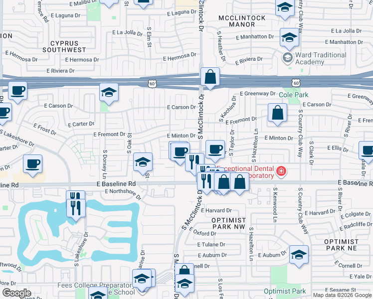 map of restaurants, bars, coffee shops, grocery stores, and more near 4906 South Alder Drive in Tempe