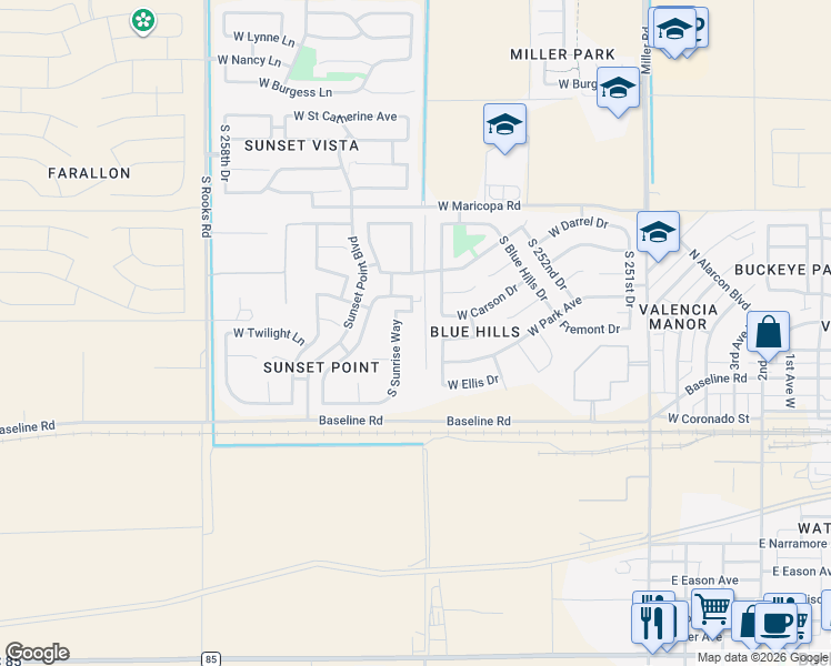 map of restaurants, bars, coffee shops, grocery stores, and more near 7227 South Sunrise Way in Buckeye