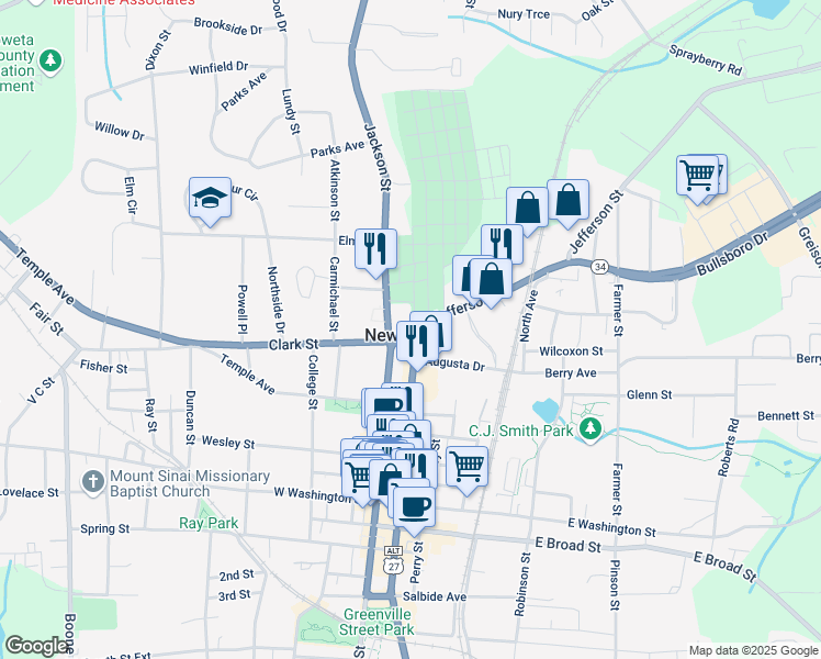 map of restaurants, bars, coffee shops, grocery stores, and more near in Newnan