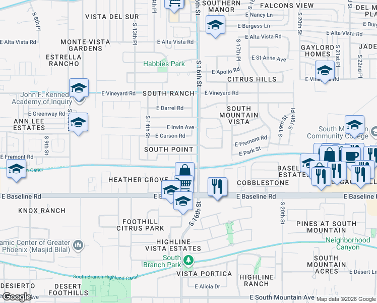 map of restaurants, bars, coffee shops, grocery stores, and more near 1511 East Carter Road in Phoenix