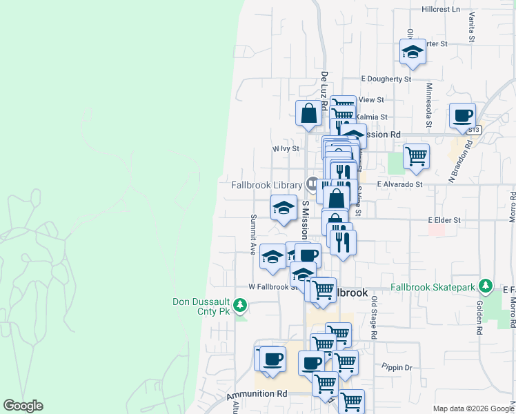 map of restaurants, bars, coffee shops, grocery stores, and more near 540 West Fig Street in Fallbrook