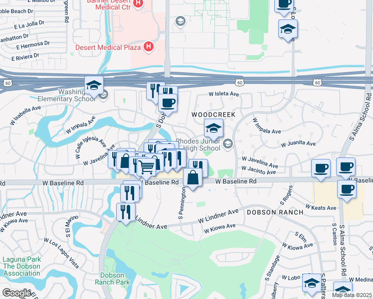 map of restaurants, bars, coffee shops, grocery stores, and more near 1915 West Jerome Avenue in Mesa