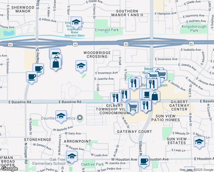 map of restaurants, bars, coffee shops, grocery stores, and more near 1655 East Jerome Avenue in Mesa