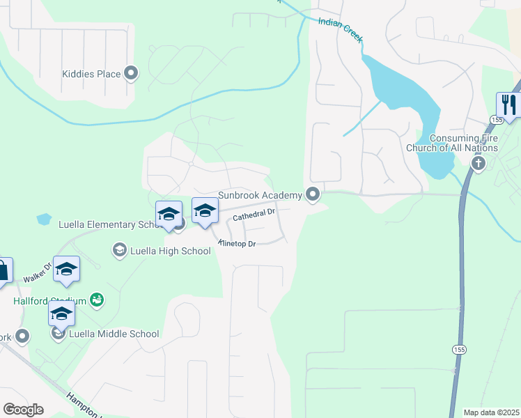 map of restaurants, bars, coffee shops, grocery stores, and more near 485 Cathedral Drive in McDonough