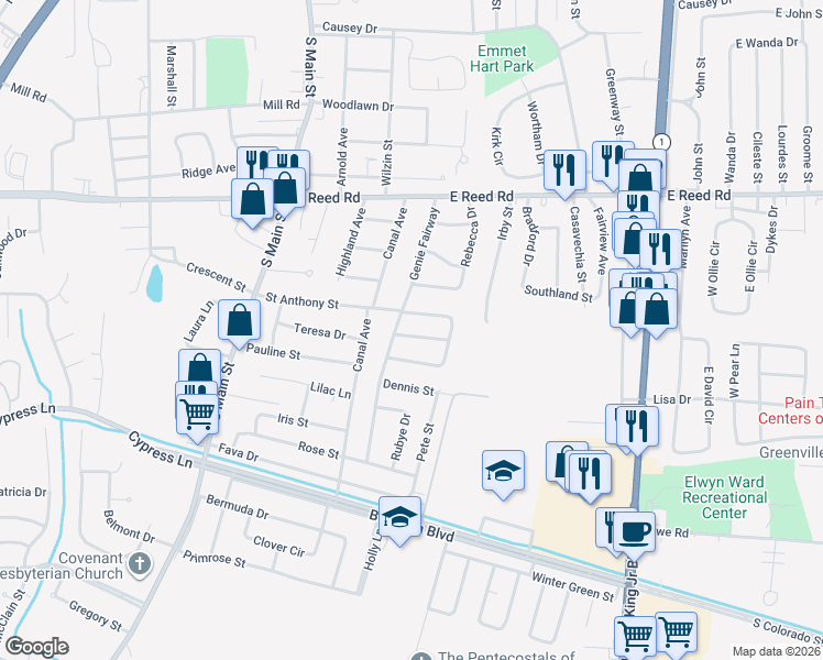 map of restaurants, bars, coffee shops, grocery stores, and more near 434 Reed Meadows Drive in Greenville