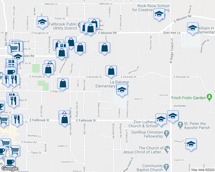 map of restaurants, bars, coffee shops, grocery stores, and more near 153 Gardenside Court in Fallbrook