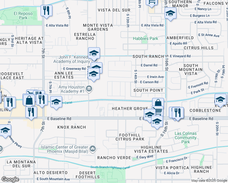 map of restaurants, bars, coffee shops, grocery stores, and more near 7229 South 12th Way in Phoenix