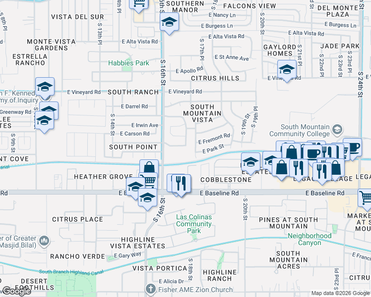 map of restaurants, bars, coffee shops, grocery stores, and more near 1641 East Fremont Road in Phoenix