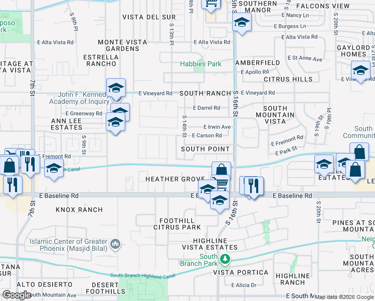 map of restaurants, bars, coffee shops, grocery stores, and more near 7055 South 14th Street in Phoenix