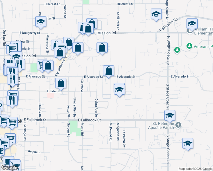 map of restaurants, bars, coffee shops, grocery stores, and more near 161 Gardenside Court in Fallbrook