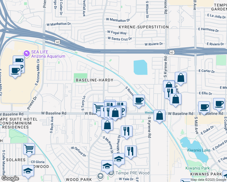 map of restaurants, bars, coffee shops, grocery stores, and more near 672 West Minton Drive in Tempe