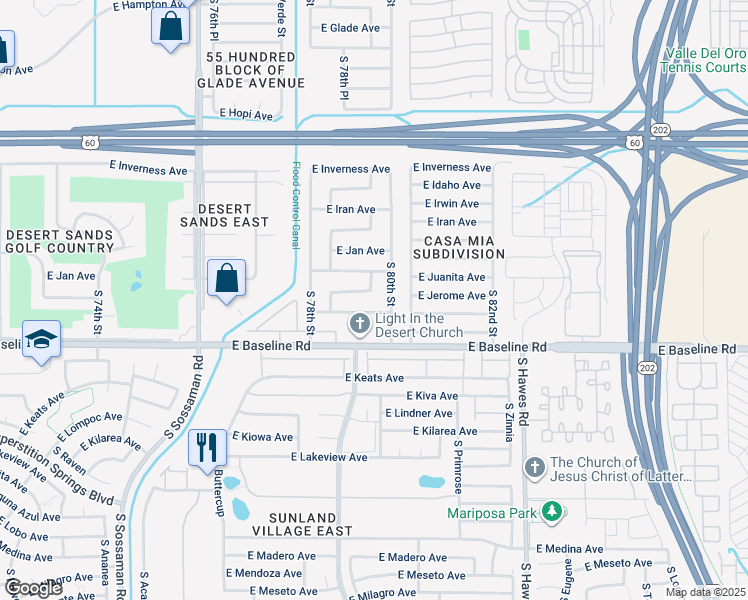 map of restaurants, bars, coffee shops, grocery stores, and more near 7921 East Jerome Avenue in Mesa