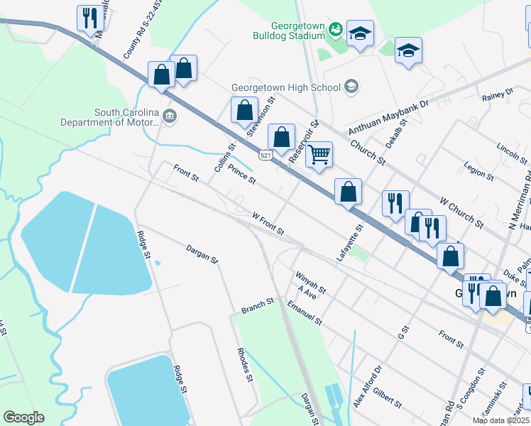 map of restaurants, bars, coffee shops, grocery stores, and more near 2530 Front Street in Georgetown