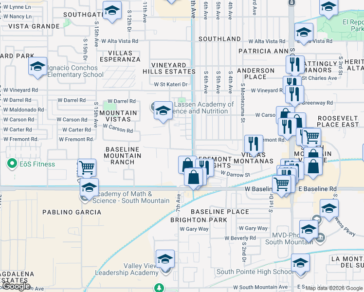 map of restaurants, bars, coffee shops, grocery stores, and more near 726 West Minton Street in Phoenix