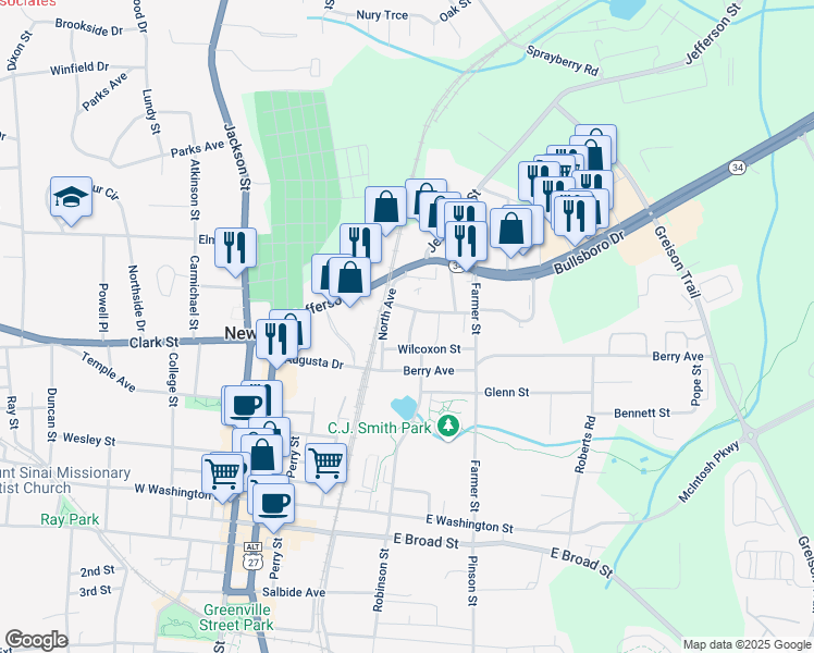 map of restaurants, bars, coffee shops, grocery stores, and more near 4 Swint Place in Newnan