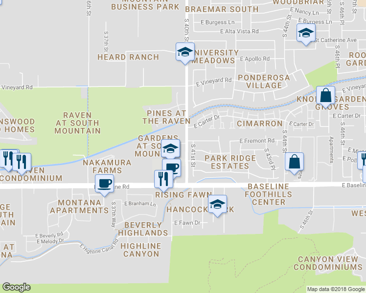 map of restaurants, bars, coffee shops, grocery stores, and more near 7221 South 39th Way in Phoenix
