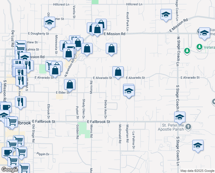 map of restaurants, bars, coffee shops, grocery stores, and more near 147 Kaden Court in Fallbrook