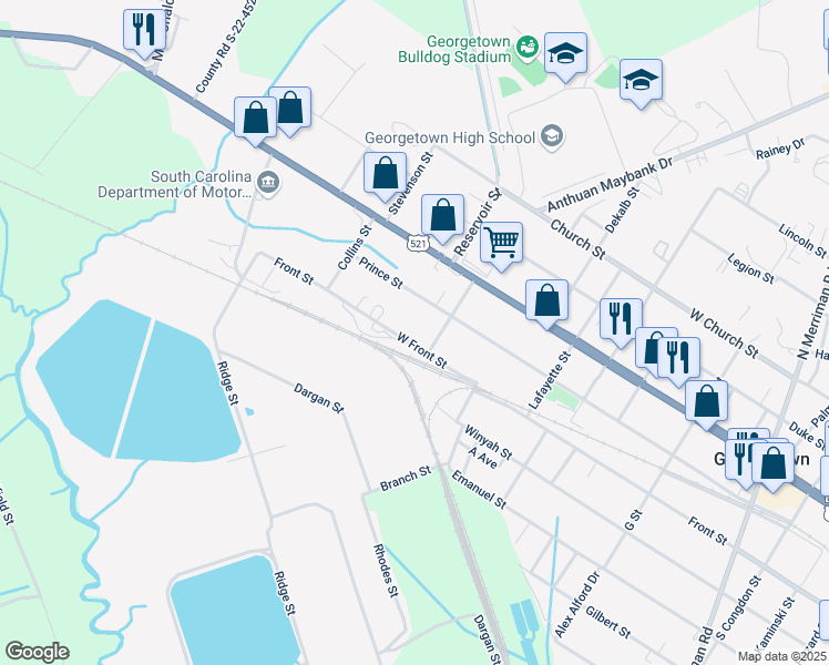 map of restaurants, bars, coffee shops, grocery stores, and more near 2530 West Front Street in Georgetown