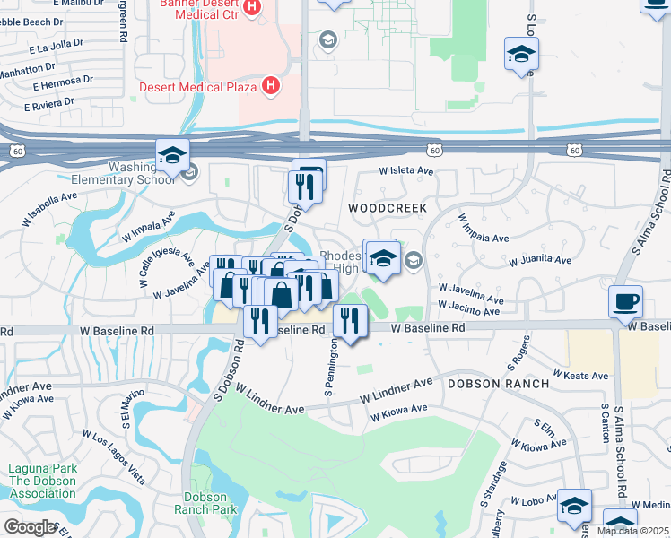 map of restaurants, bars, coffee shops, grocery stores, and more near 1915 West Jerome Avenue in Mesa