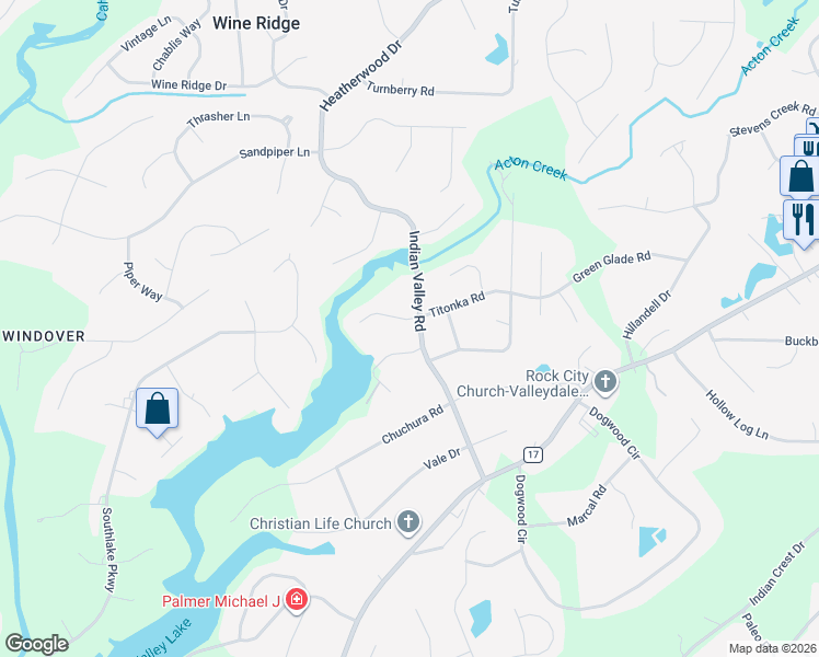 map of restaurants, bars, coffee shops, grocery stores, and more near 5000 Indian Valley Road in Birmingham