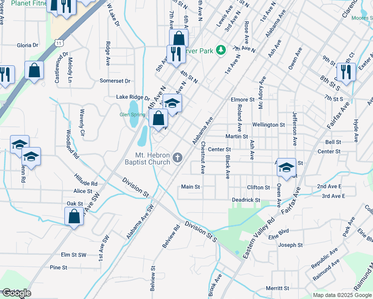 map of restaurants, bars, coffee shops, grocery stores, and more near 94 Alabama Avenue in Bessemer