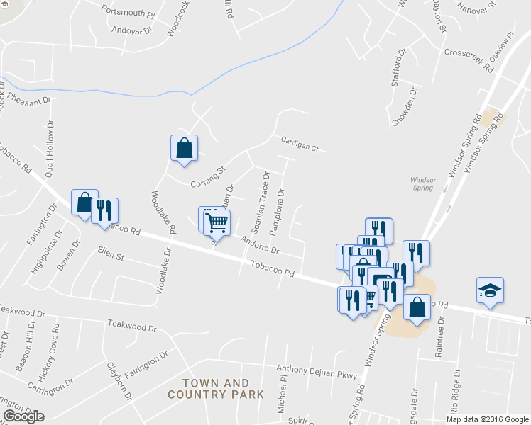map of restaurants, bars, coffee shops, grocery stores, and more near 3618 Spanish Trace Drive in Hephzibah