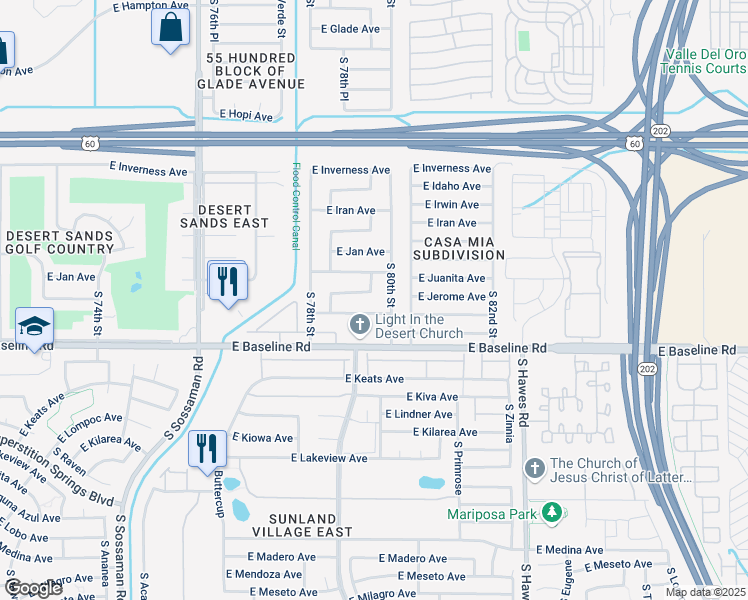 map of restaurants, bars, coffee shops, grocery stores, and more near 7921 East Jerome Avenue in Mesa