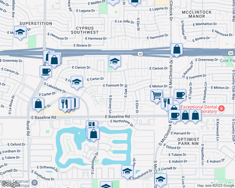map of restaurants, bars, coffee shops, grocery stores, and more near 1321 East Minton Drive in Tempe