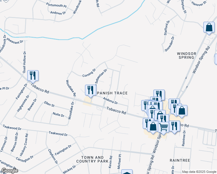 map of restaurants, bars, coffee shops, grocery stores, and more near 3621 Spanish Trace Drive in Hephzibah