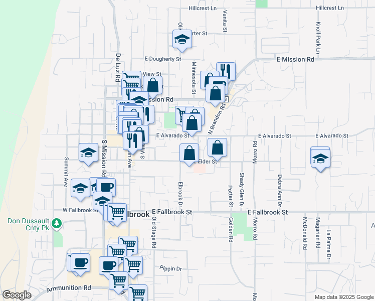 map of restaurants, bars, coffee shops, grocery stores, and more near 502 East Elder Street in Fallbrook