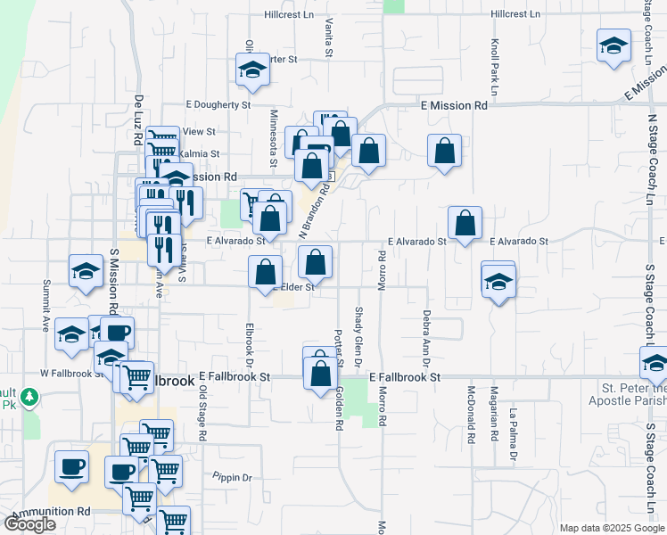 map of restaurants, bars, coffee shops, grocery stores, and more near 205 Potter Street in Fallbrook