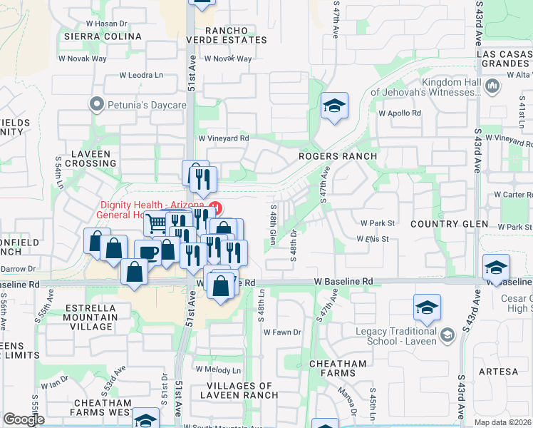 map of restaurants, bars, coffee shops, grocery stores, and more near 7214 South 48th Glen in Phoenix