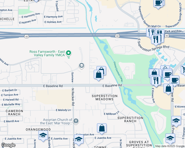 map of restaurants, bars, coffee shops, grocery stores, and more near 1925 South Recker Road in Mesa