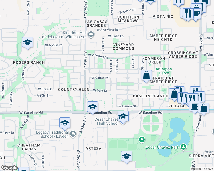 map of restaurants, bars, coffee shops, grocery stores, and more near 7223 South 41st Lane in Phoenix