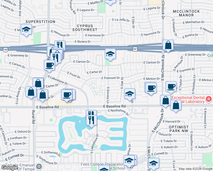map of restaurants, bars, coffee shops, grocery stores, and more near 1236 East Baker Drive in Tempe