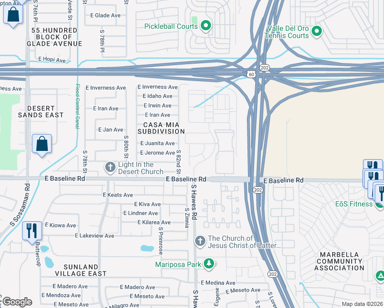 map of restaurants, bars, coffee shops, grocery stores, and more near 1863 South 82nd Place in Mesa