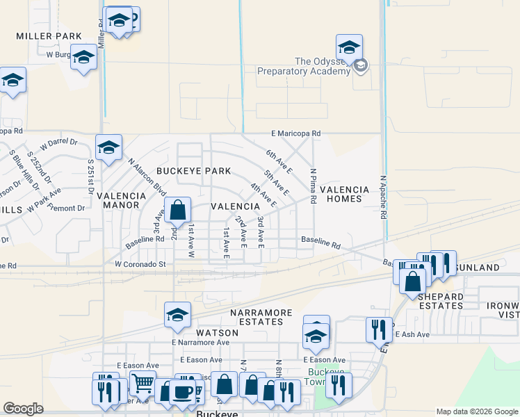 map of restaurants, bars, coffee shops, grocery stores, and more near 208 3rd Avenue East in Buckeye