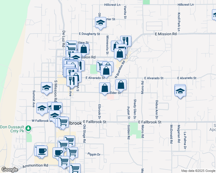 map of restaurants, bars, coffee shops, grocery stores, and more near 205 South Brandon Road in Fallbrook