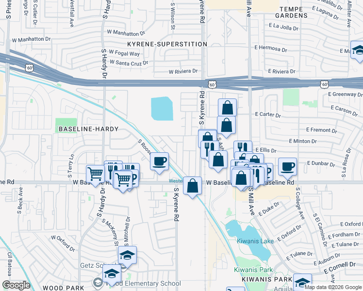 map of restaurants, bars, coffee shops, grocery stores, and more near 400 West Baseline Road in Tempe