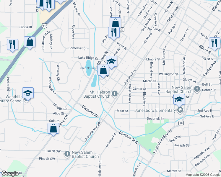map of restaurants, bars, coffee shops, grocery stores, and more near 84 1st Ave N in Bessemer