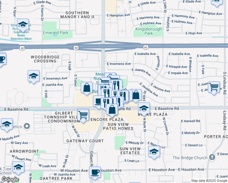 map of restaurants, bars, coffee shops, grocery stores, and more near 2048 East Baseline Road in Mesa
