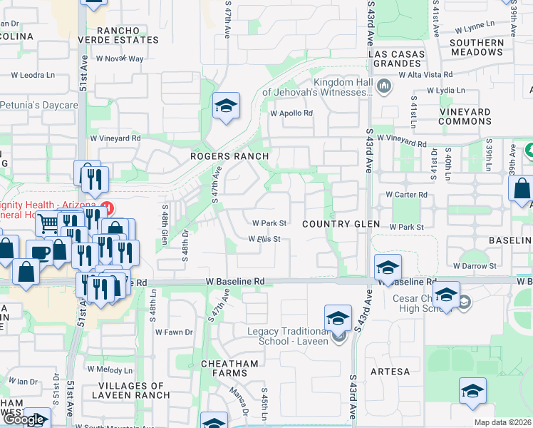map of restaurants, bars, coffee shops, grocery stores, and more near 4505 West Fremont Road in Phoenix