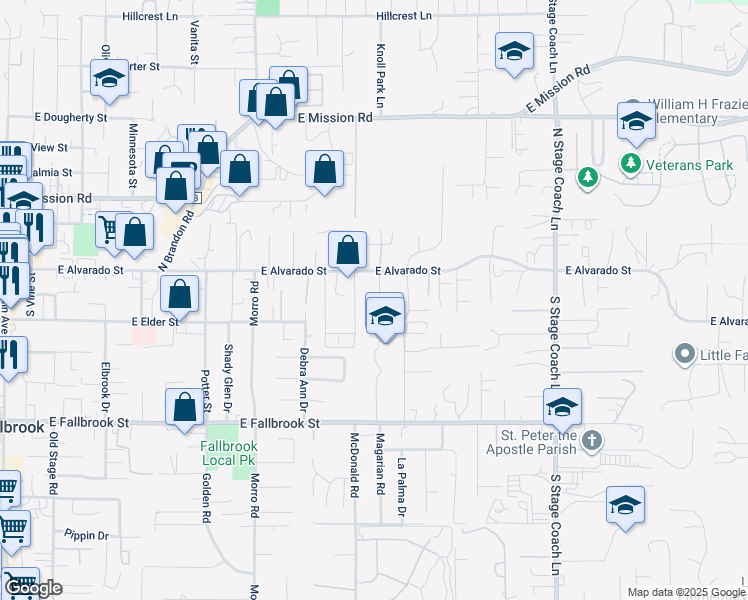 map of restaurants, bars, coffee shops, grocery stores, and more near 133 Shelby Lane in Fallbrook