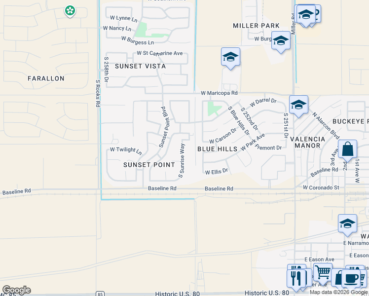 map of restaurants, bars, coffee shops, grocery stores, and more near 7227 South Sunrise Way in Buckeye