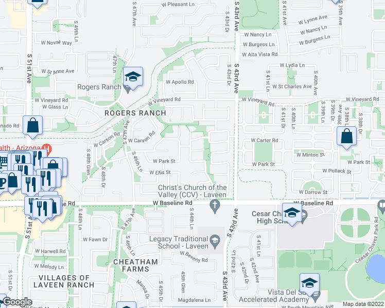 map of restaurants, bars, coffee shops, grocery stores, and more near 4427 West Fremont Road in Phoenix