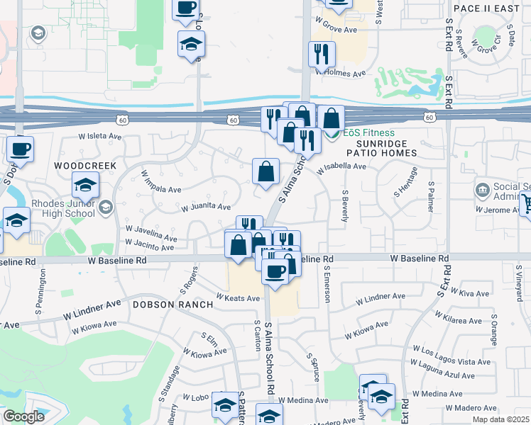 map of restaurants, bars, coffee shops, grocery stores, and more near 1850 South Alma School Road in Mesa